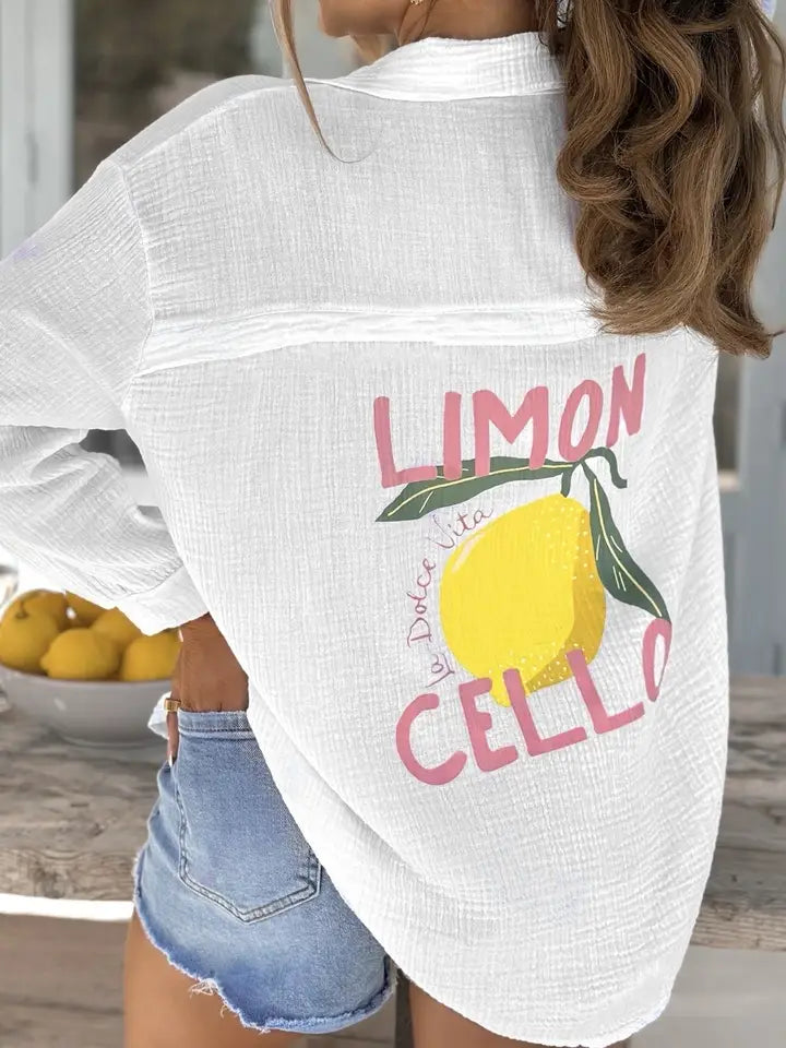 White Limoncello Graphic Button-Down Cover-Up Shirt