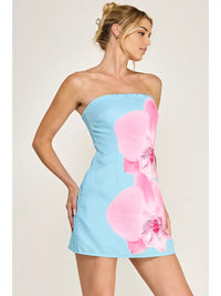 Blue & Pink Orchid Print Strapless Mini Dress