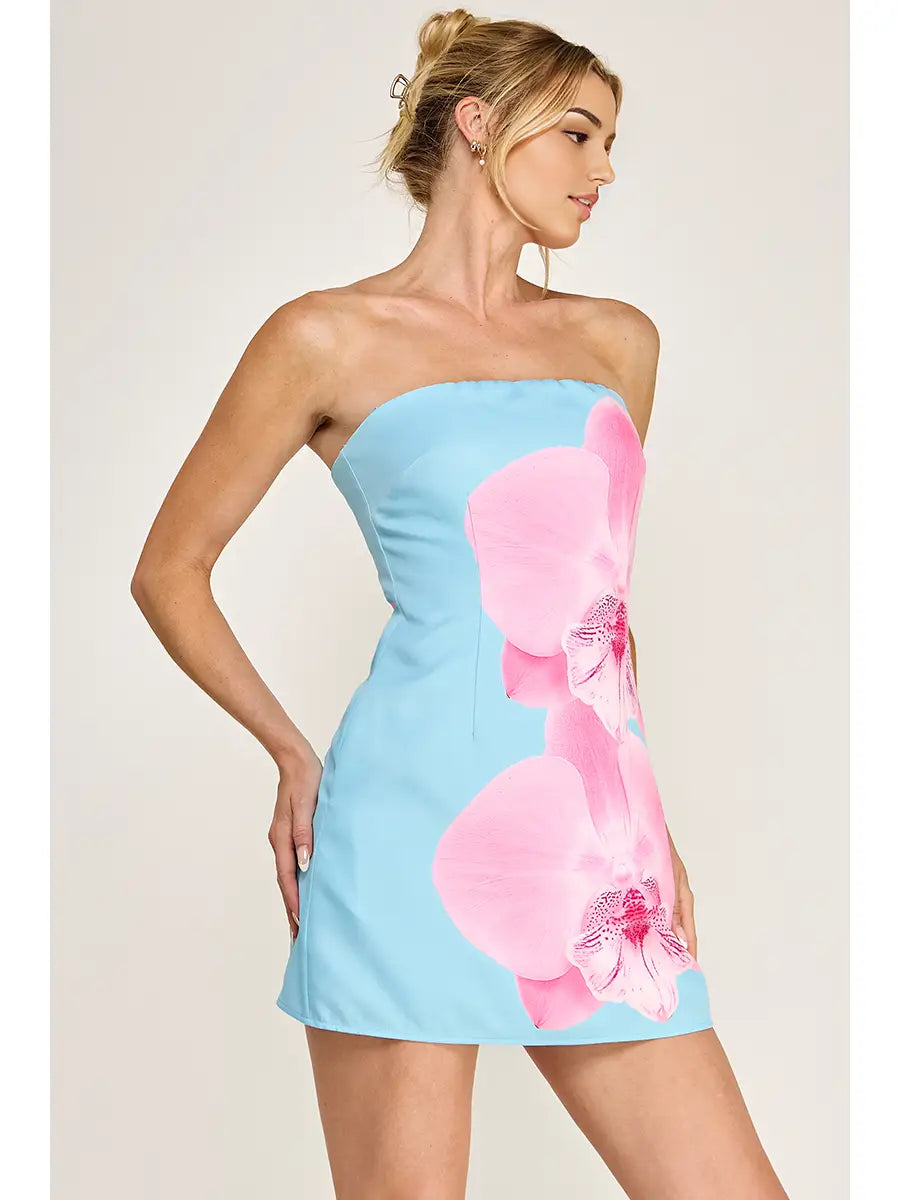 Blue & Pink Orchid Print Strapless Mini Dress