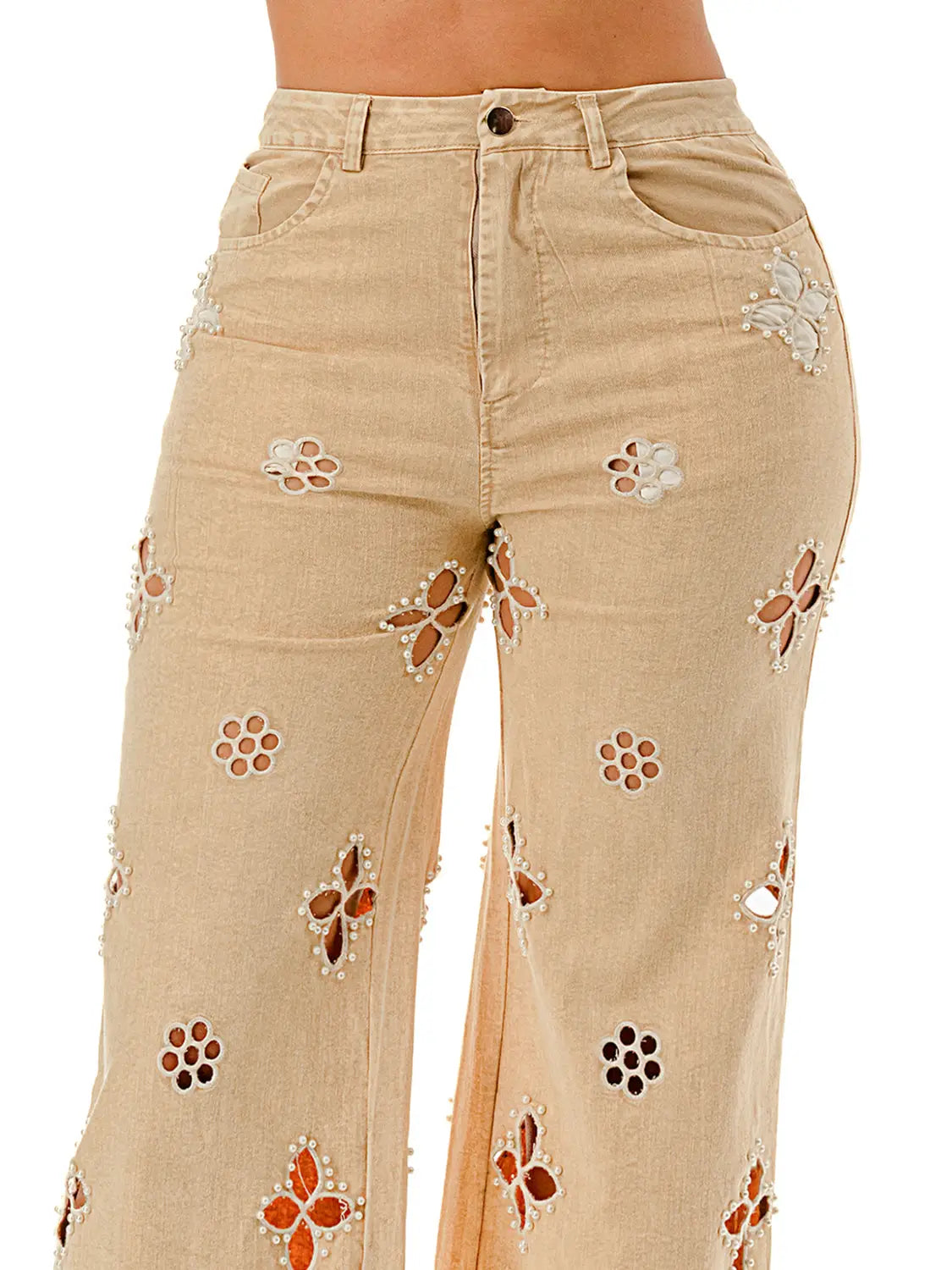 Beige Wide Leg Jeans with Pearl-Embellished Cutout Floral Detailing