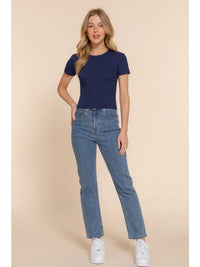 Ribbed Navy Crew Neck Short Sleeve Fitted Top