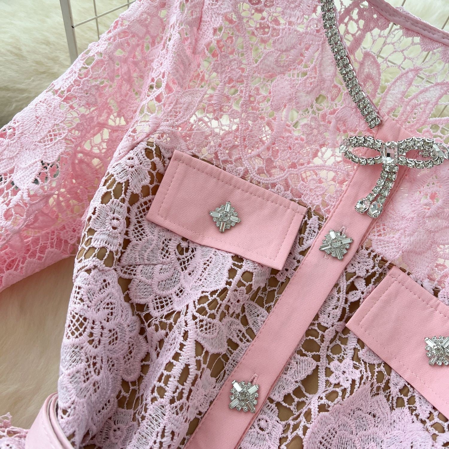 Pink Floral Lace Long Sleeve Midi Dress with Belt and Crystal Button Detail