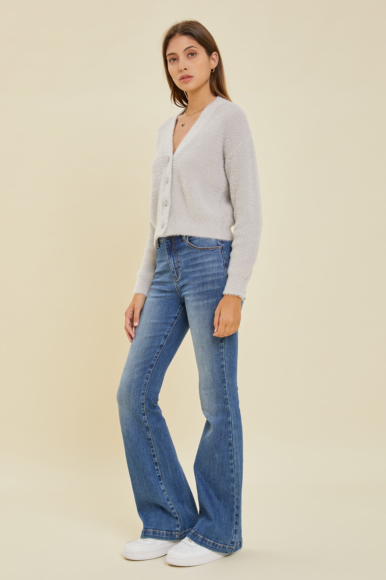 Fuzzy Button Up Crystal Cardigan