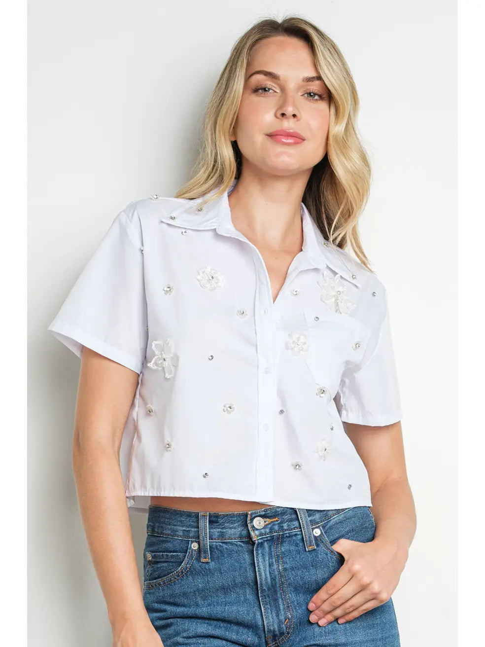 White Stripe Embellished Floral Applique Cropped Button Down Shirt
