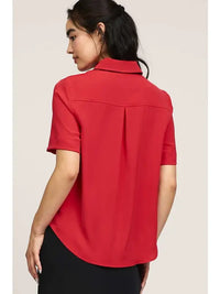 Red Button Front Short Sleeve Blouse