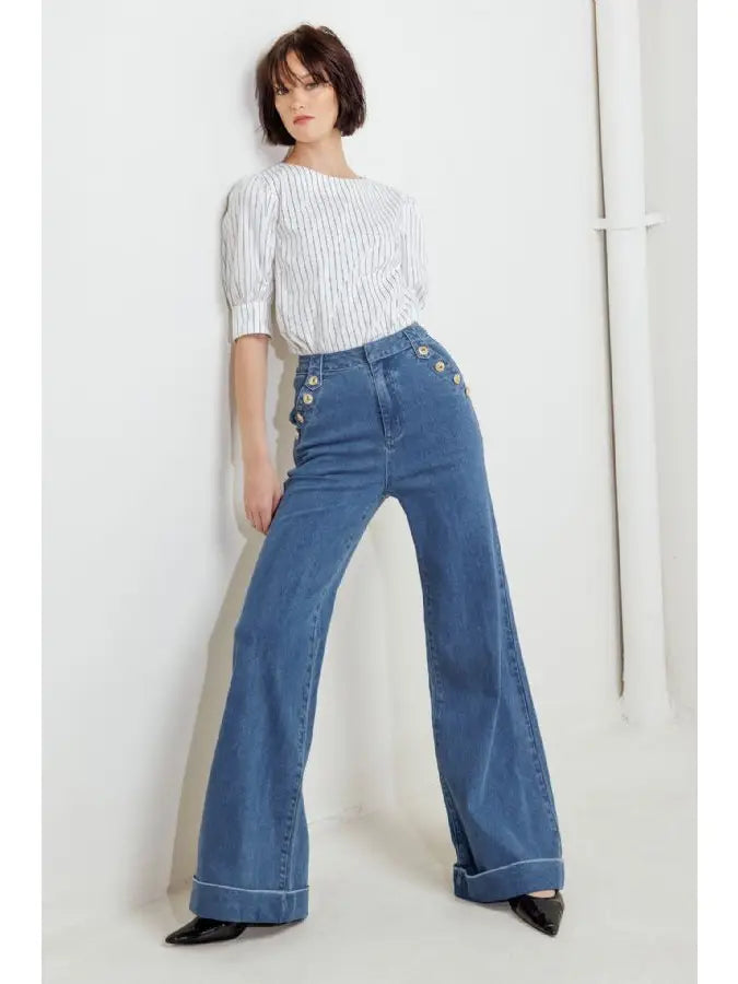 High-Waisted Flare Denim Jeans with Gold Button Detail