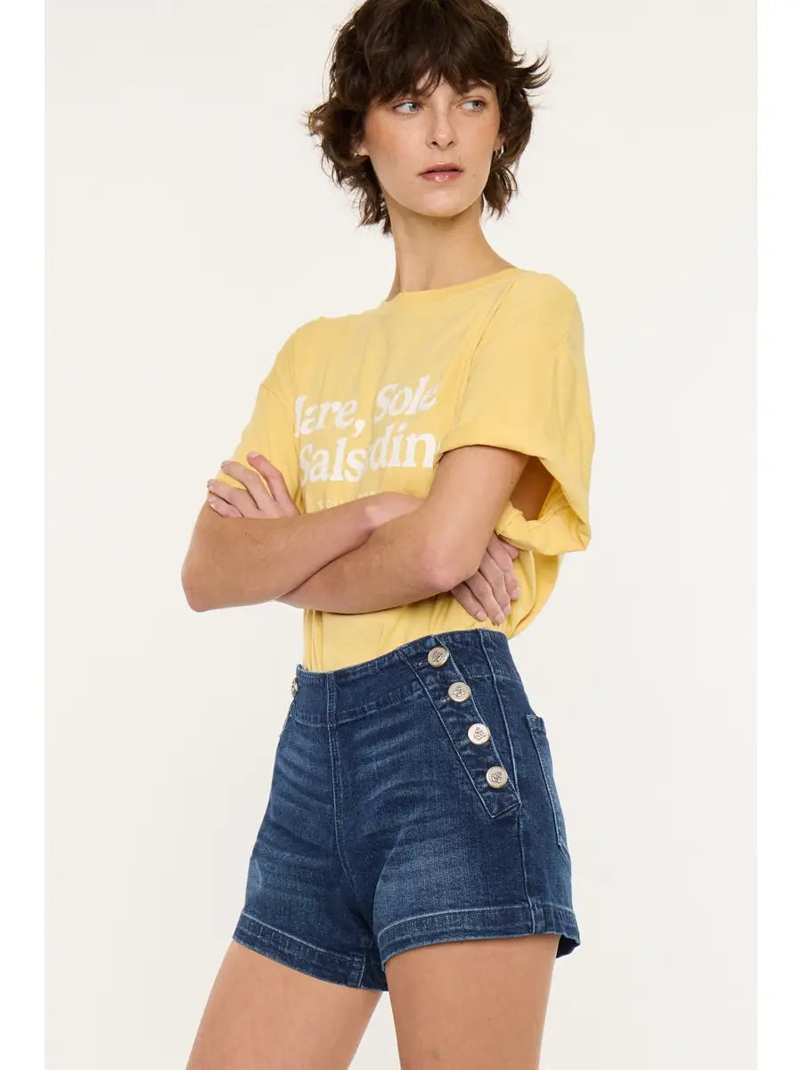 High Rise Sailor Button Front Denim Shorts