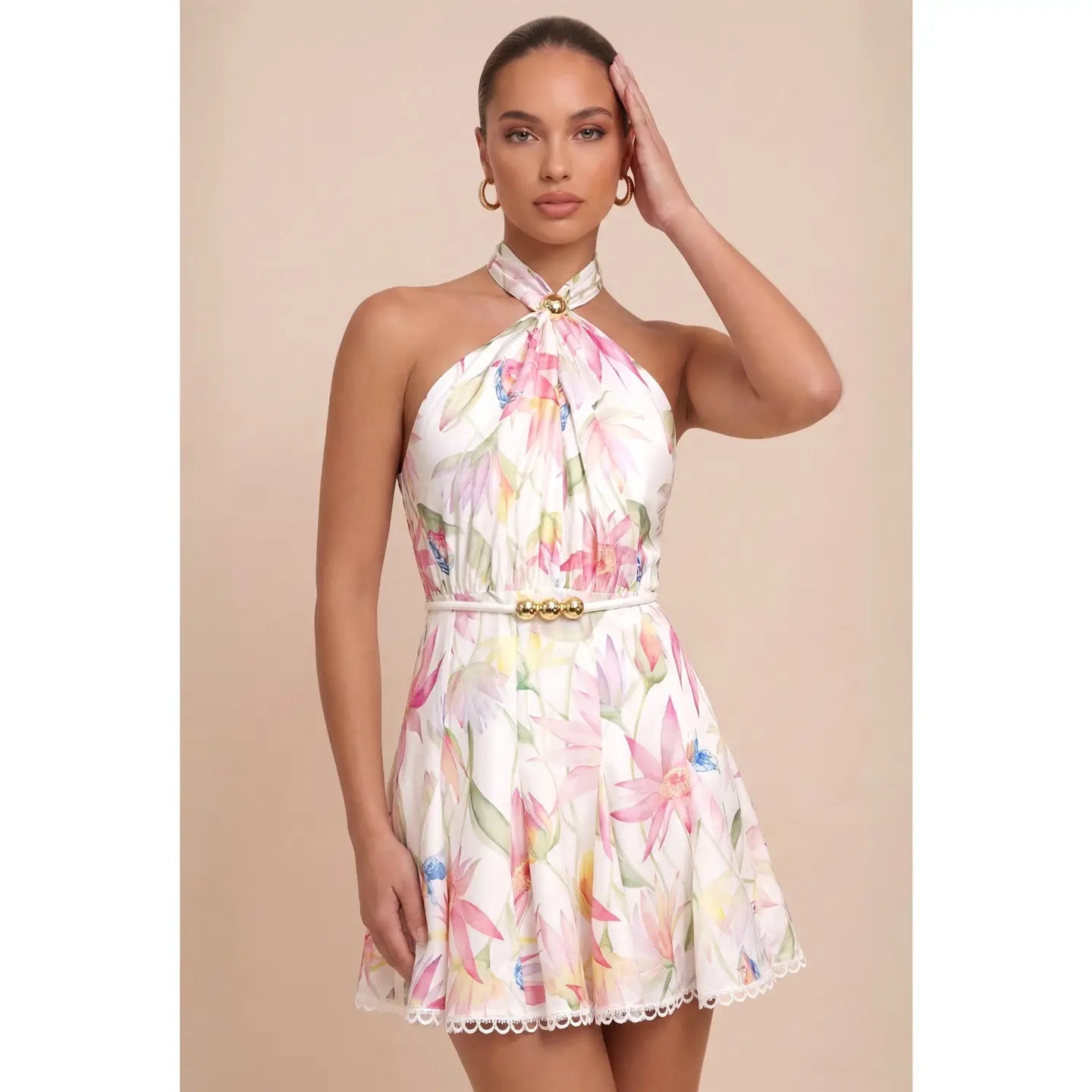 Floral Halter Mini Dress with Open Back and Gold Belt Detail