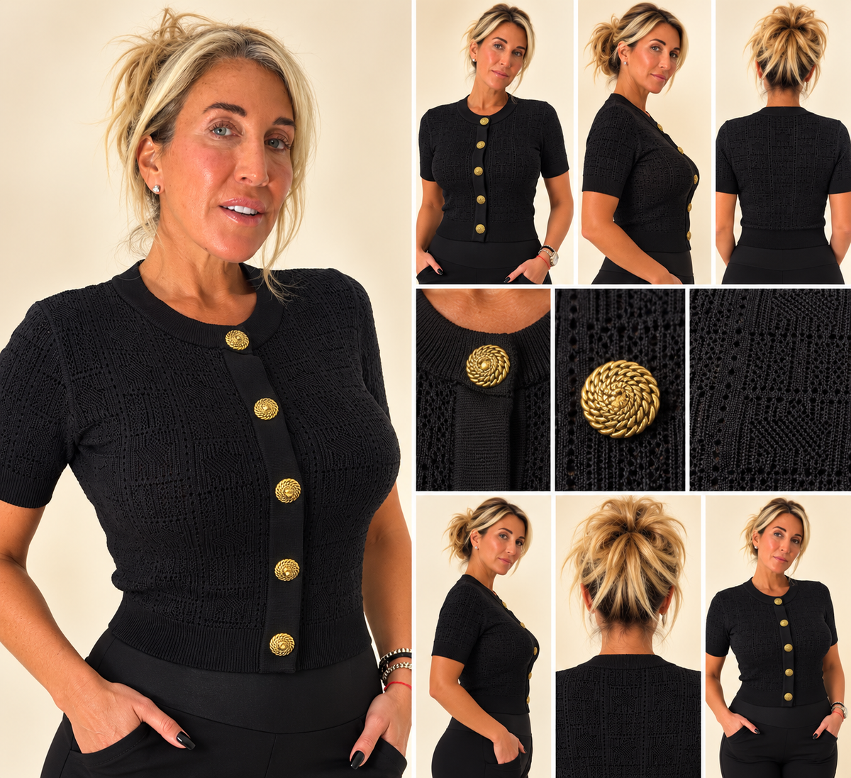 Gold-Button Short-Sleeve Knit Top