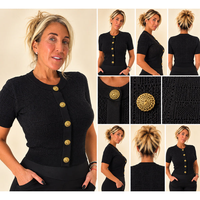 Gold Button Pointelle Short Sleeve Knit Sweater