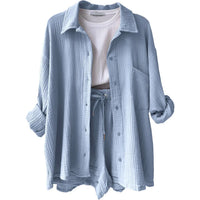 Relaxed Button-Up Shirt and Drawstring Shorts Two-Piece Set