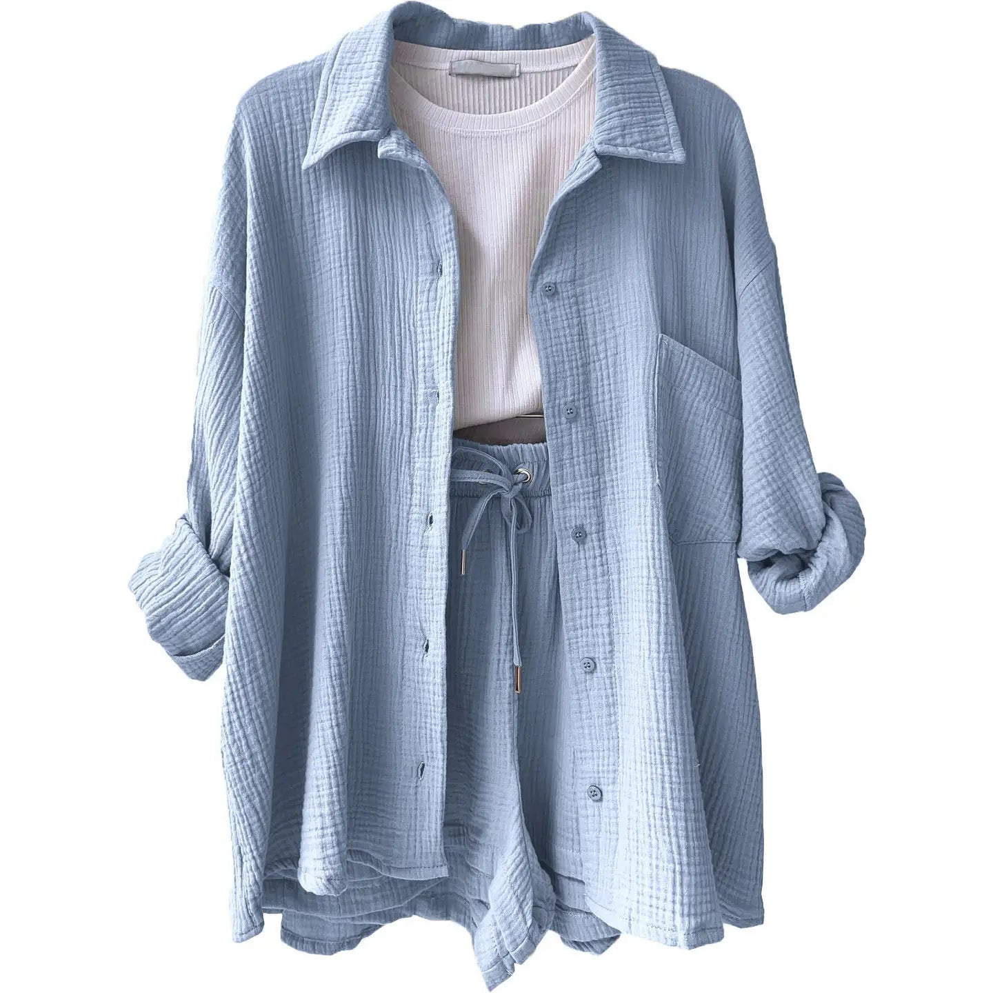 Light Blue Relaxed Button-Up Shirt and Drawstring Shorts Two-Piece Set