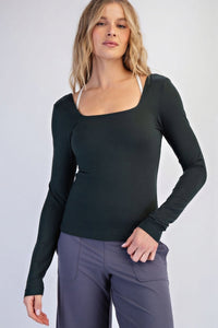 Square Neck Long Sleeve Top in Green