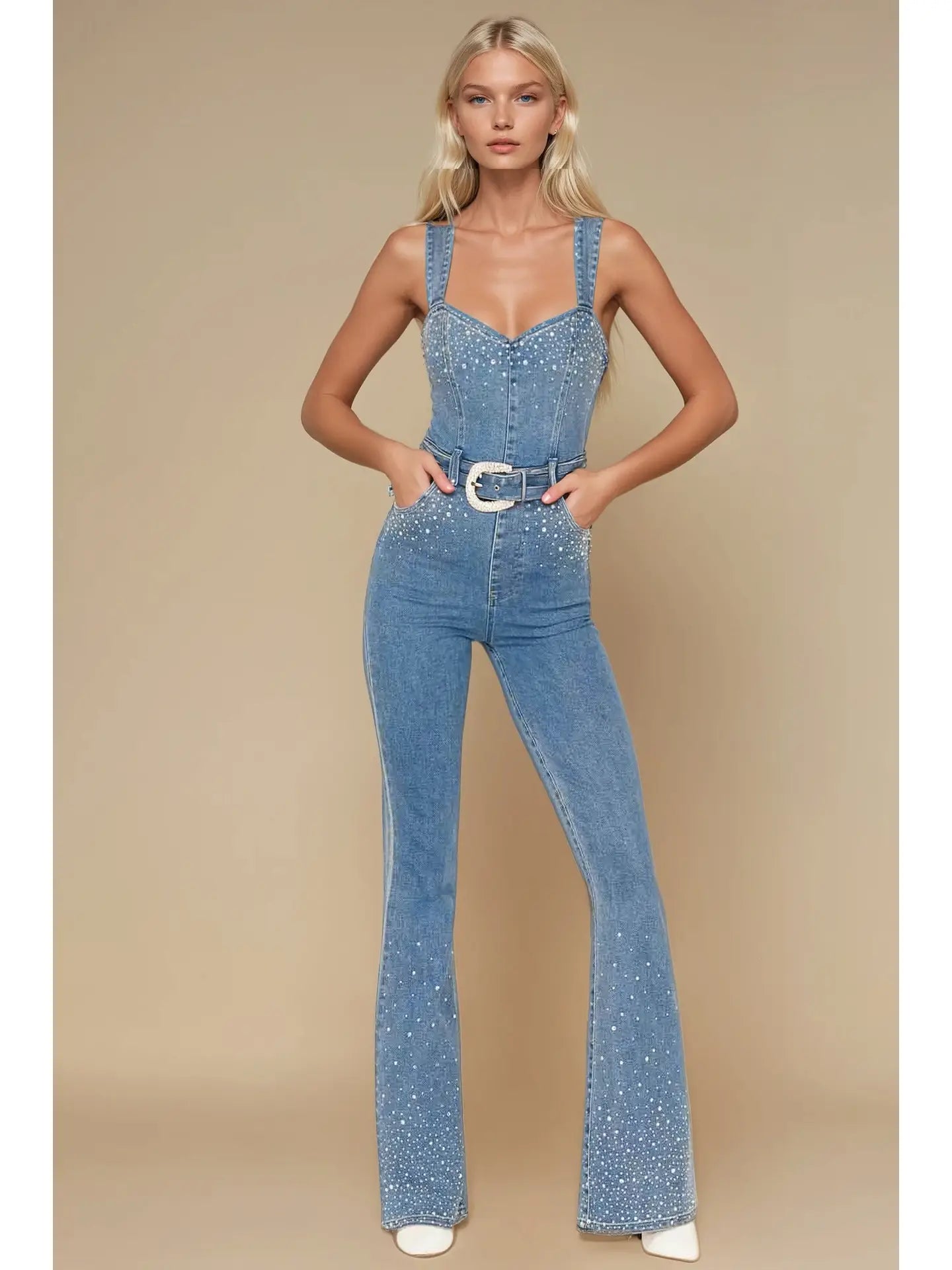 Rhinestone Embellished Denim Flare Jumpsuit