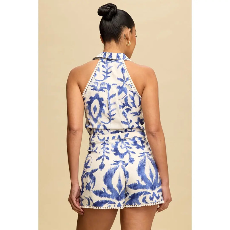 Blue & White Ikat Print Belted Halter Romper with Pearl Trim