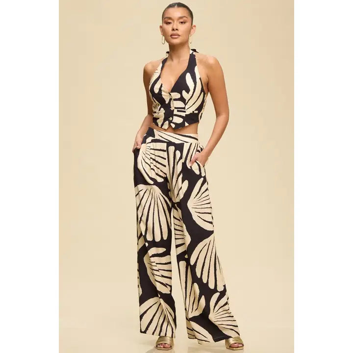 Black and Beige Tropical Print Halter Crop Top and Wide-Leg Pants Set