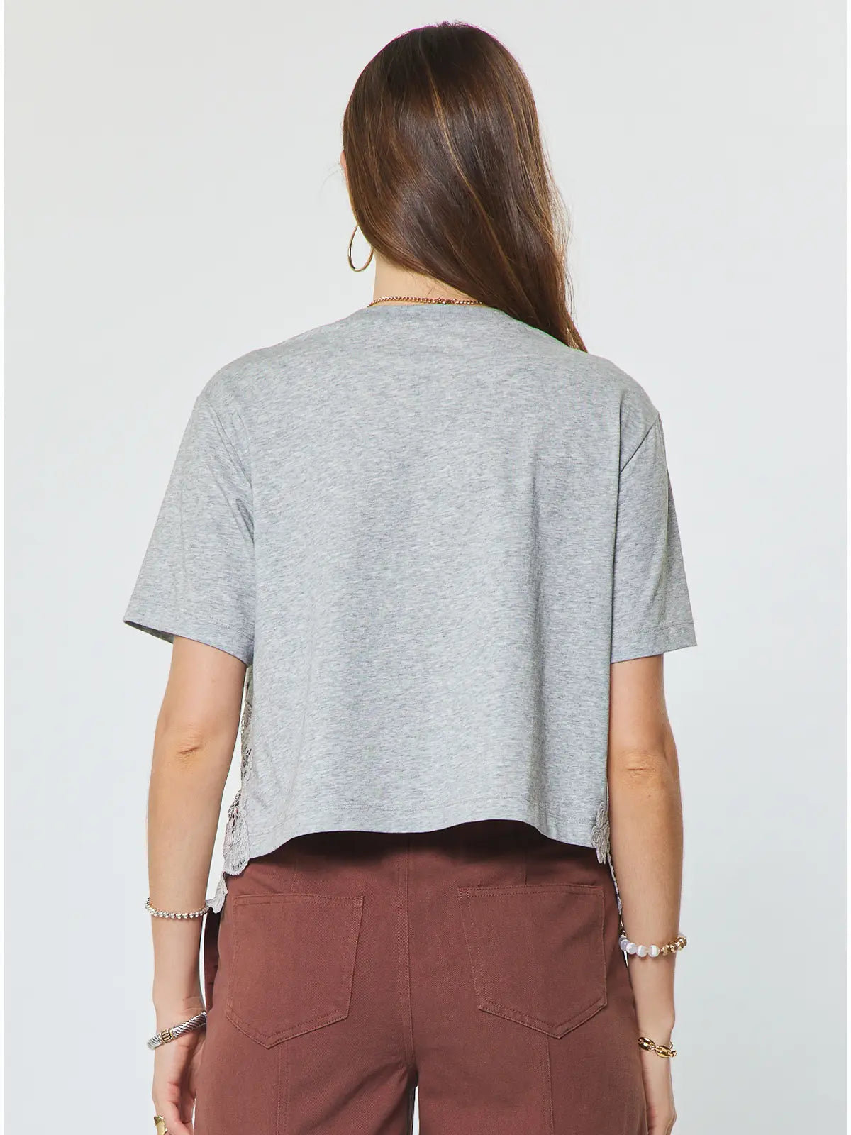 Lace Hem Cropped Short Sleeve Top Gray