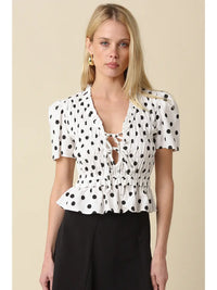 Polka Dot Smocked Peplum Top with Lace-Up Front and Puff Sleeves