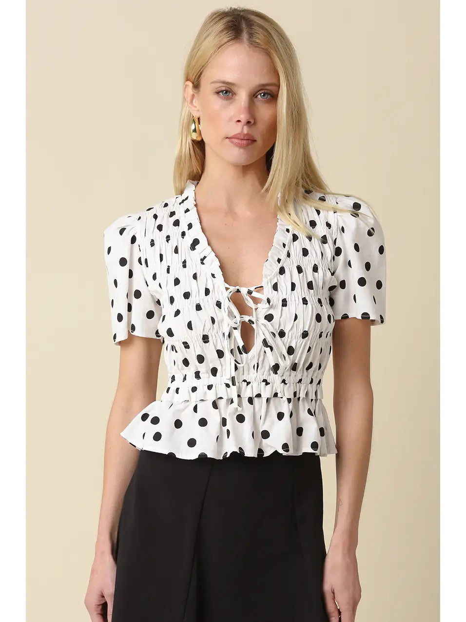 Polka Dot Smocked Peplum Top with Lace-Up Front and Puff Sleeves