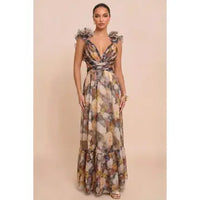 Abstract Floral Ruffle Strap Lace-Up Back Maxi Dress