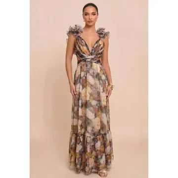 Abstract Floral Ruffle Strap Lace-Up Back Maxi Dress