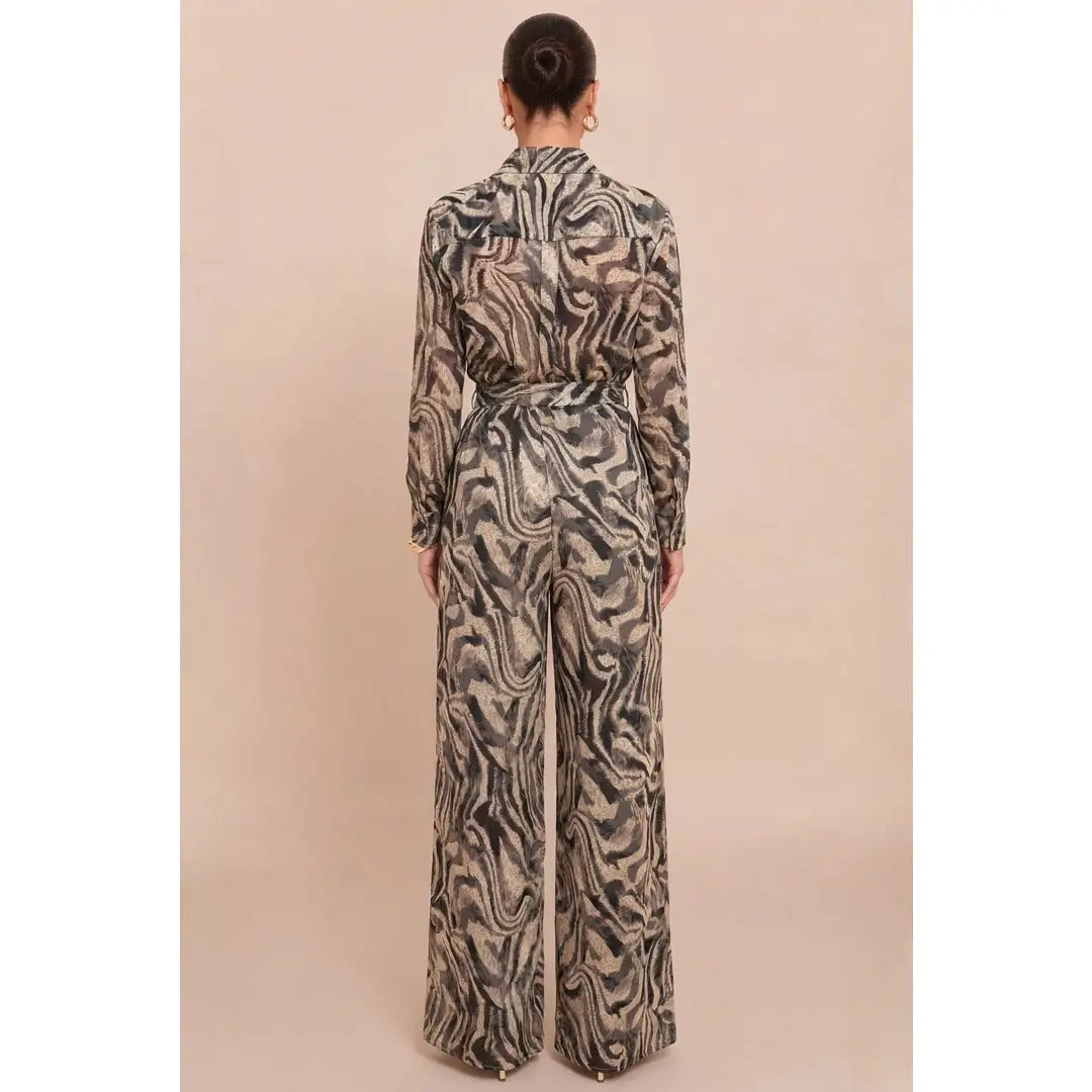 Marble Print Long Sleeve Wrap Jumpsuit with Waist Tie Belt