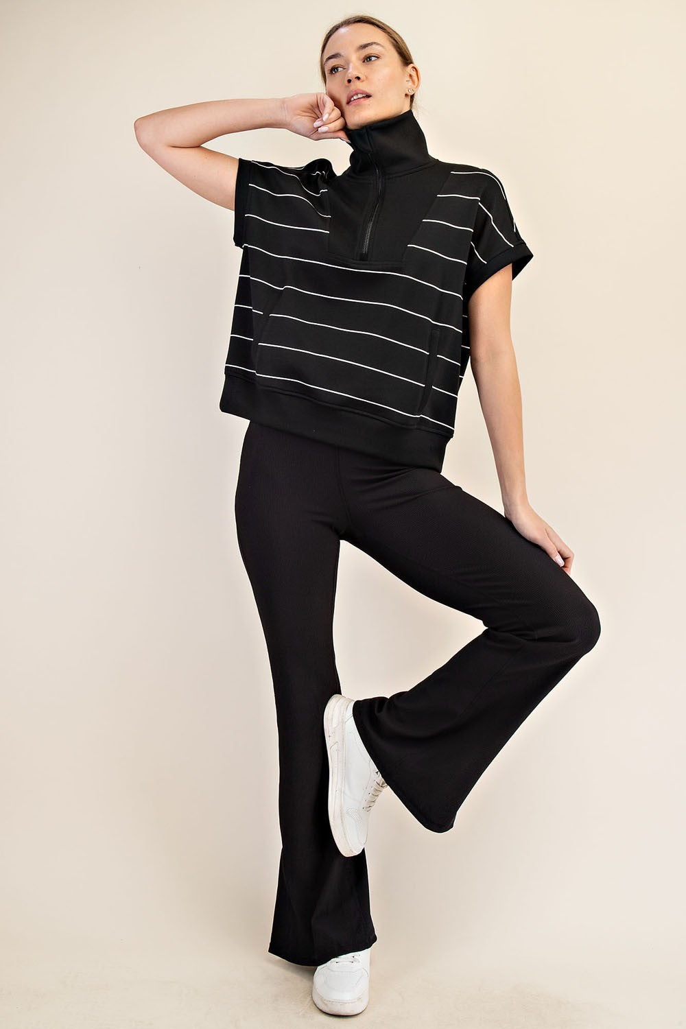 Striped Quarter Zip Short Sleeve Top