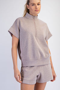 Nude Short Sleeve Quarter Zip Mock Neck Lounge Pullover