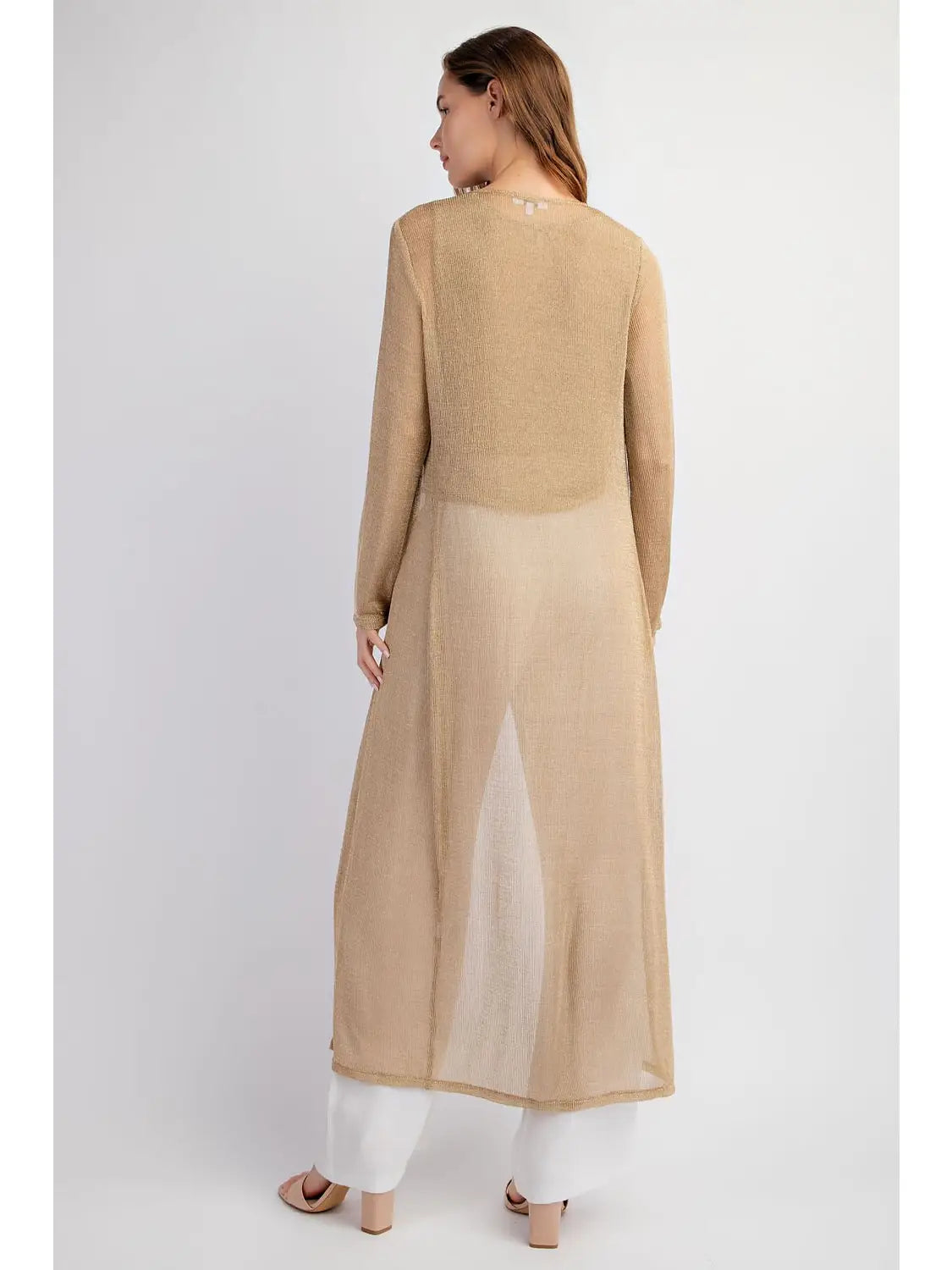 Gold Sheer Knit Longline Open Front Cardigan