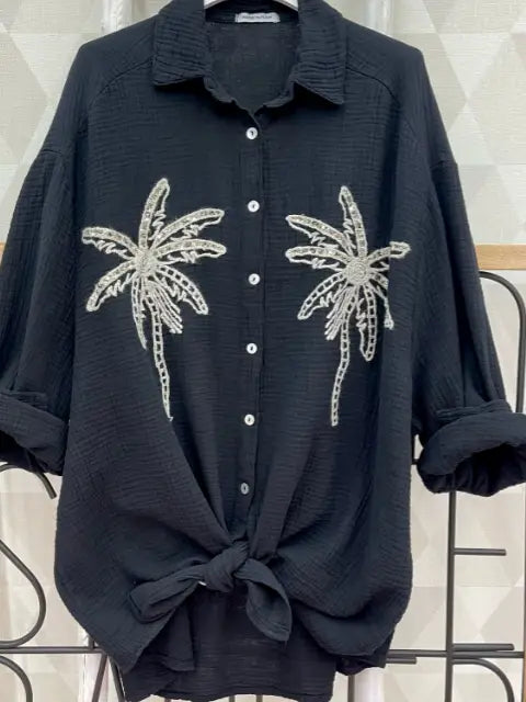 Black Palm Tree Embroidered Gauze Shirt