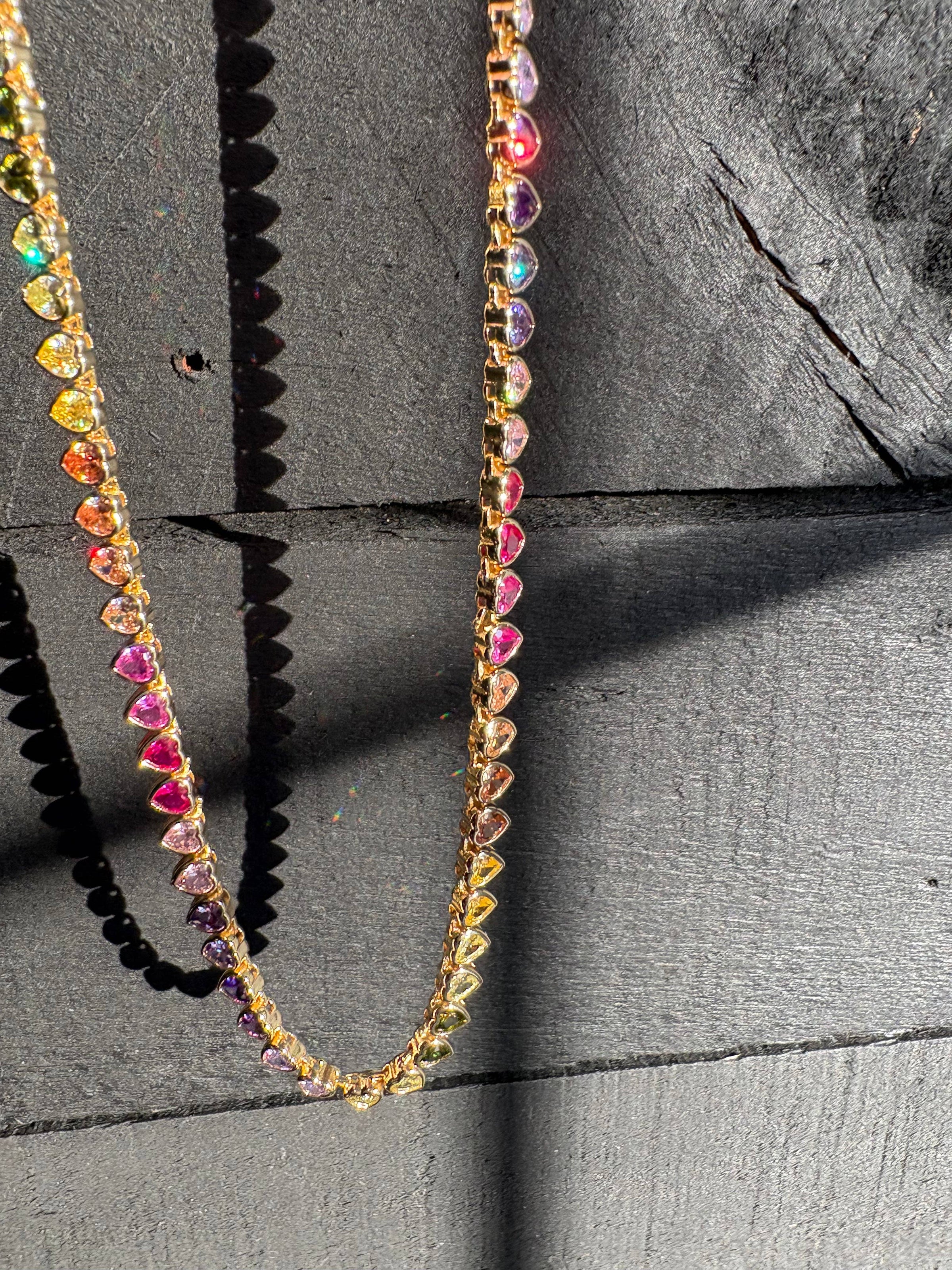 Rainbow Heart Tennis Necklace