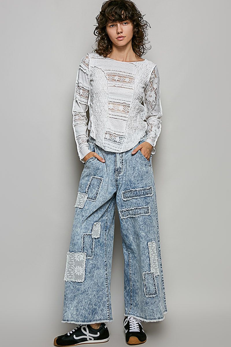 White Lace Texture Knit Slim Fit Top