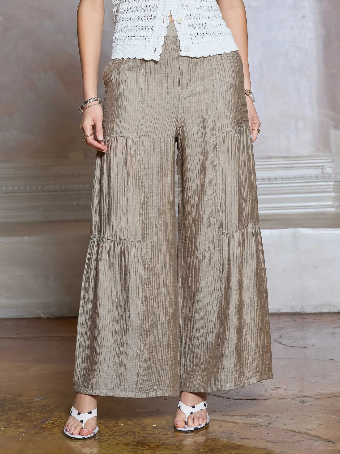 Nude Textured Wide Leg Tiered Pants