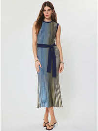 Colorblock Stripe Sleeveless Knit Midi Dress with Waist Tie