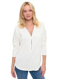 White Textured Zip Front Long Sleeve Blouse Top