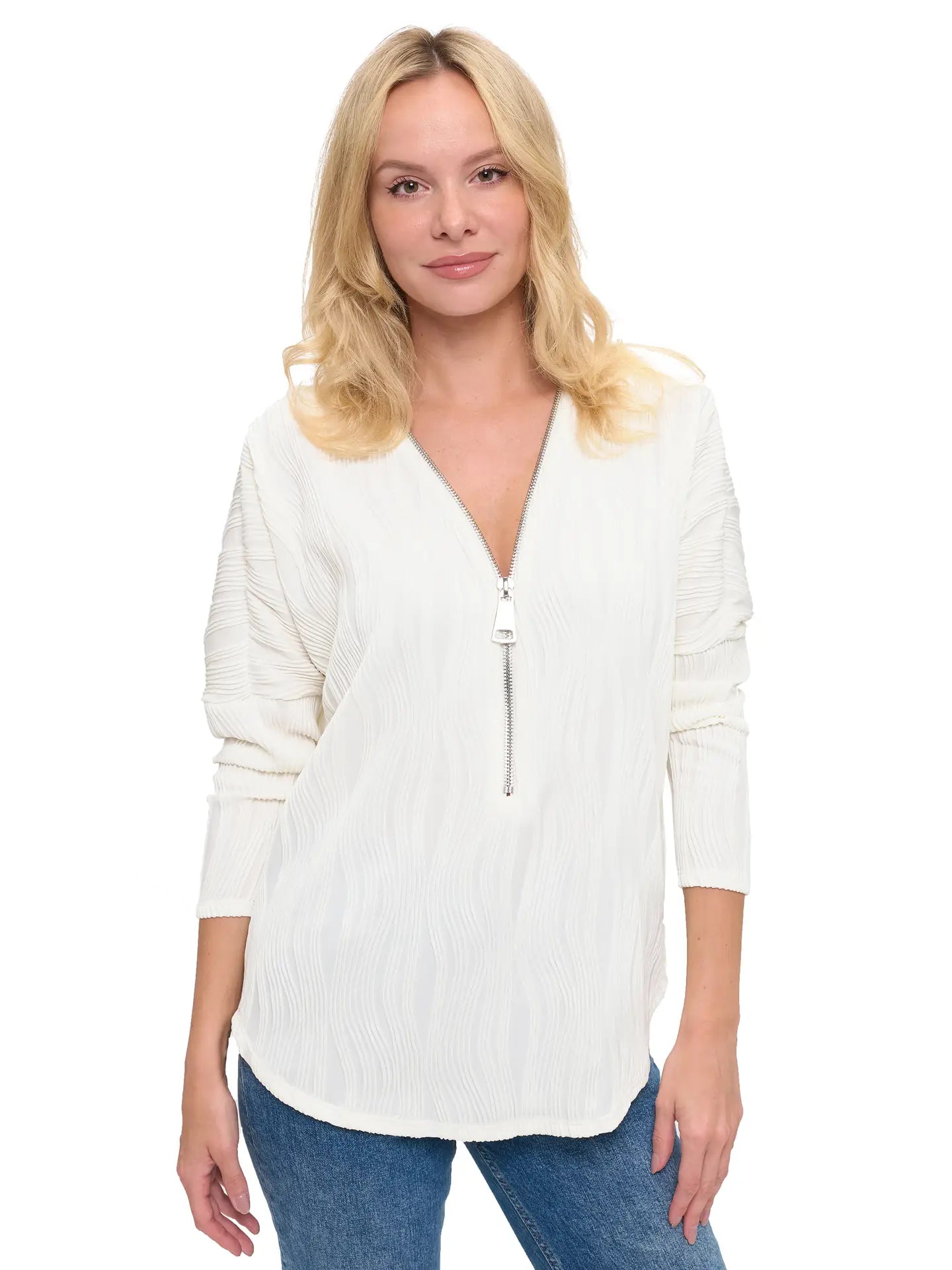 White Textured Zip Front Long Sleeve Blouse Top