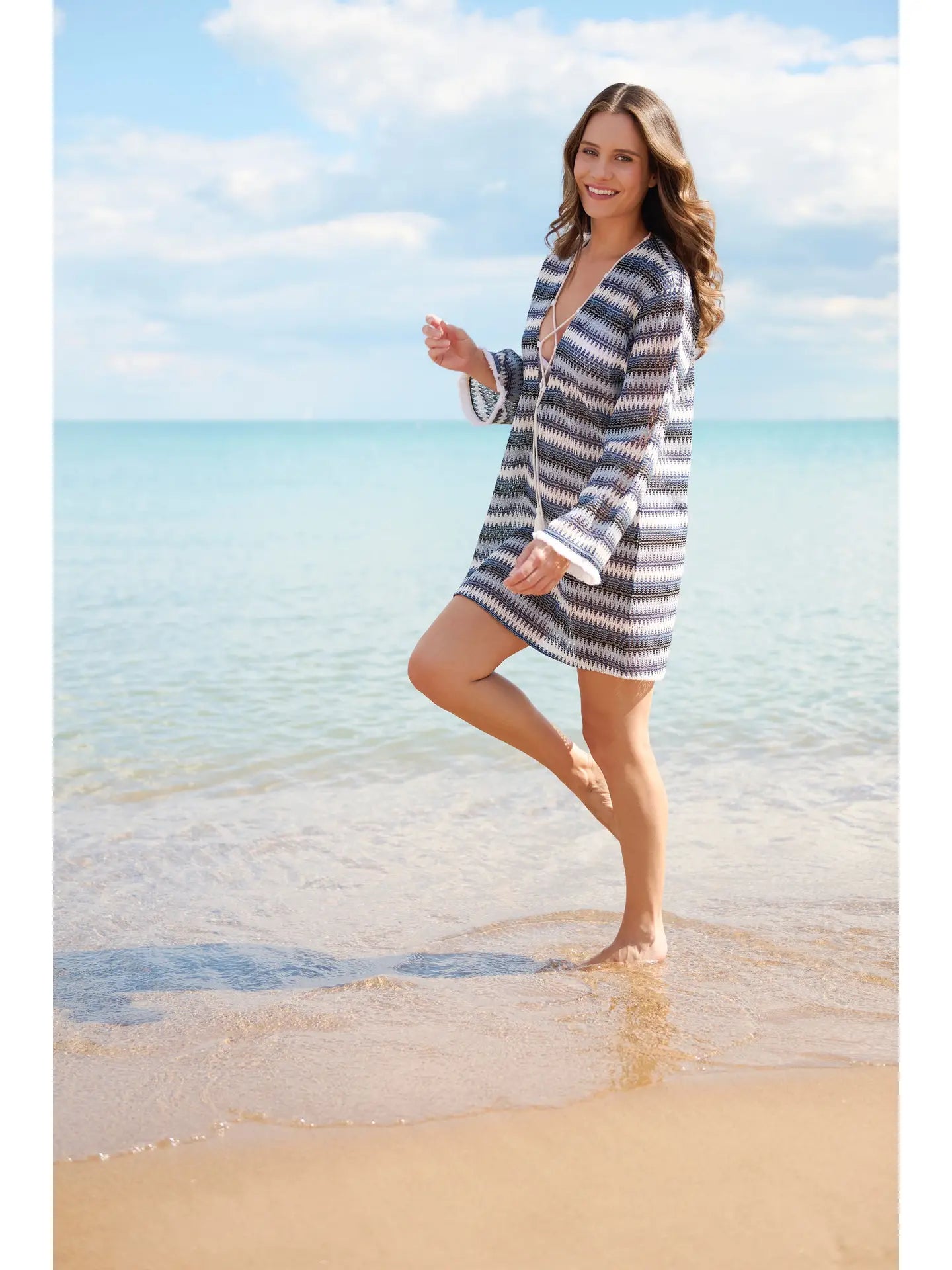 Striped Knit Tassel Tie Beach Cover-Up Dress