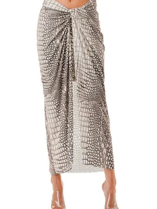 Animal Print High-Waist Midi Skirt with Front Twist Slit