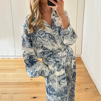 Toile Print Button Down Shirt and Wide Leg Pants Two Piece Set