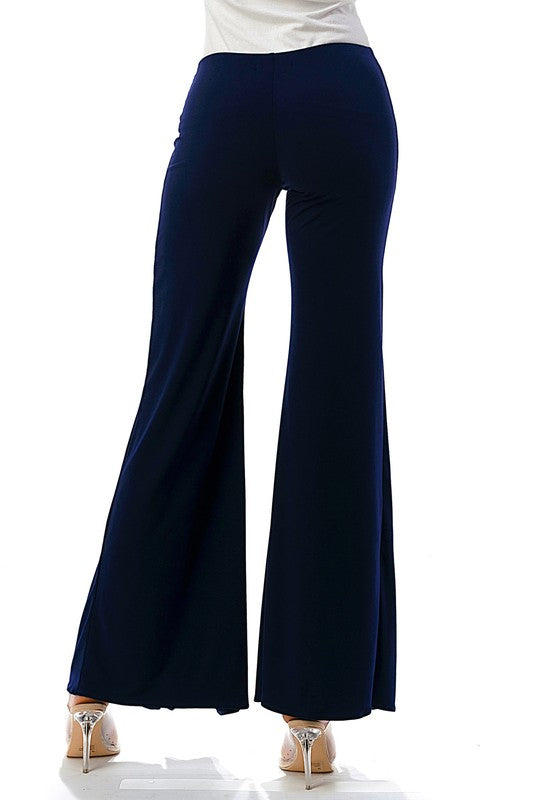 Navy Blue High-Waist Flare Pants with Side Slit Detail