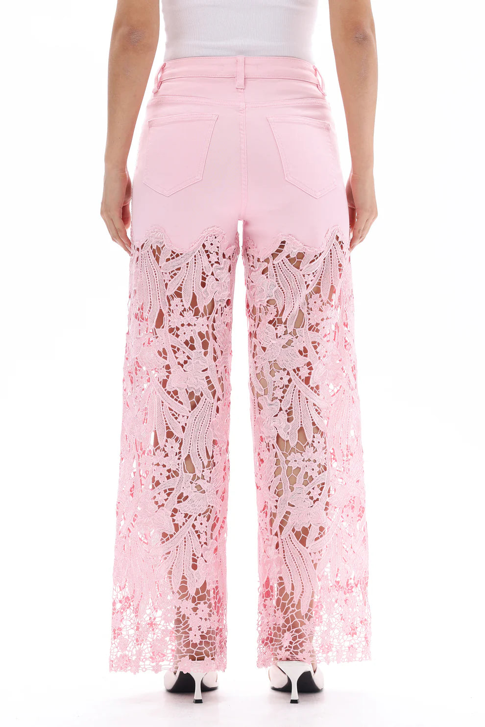 Pink Wide Leg Jeans with Sheer Floral Lace Panels