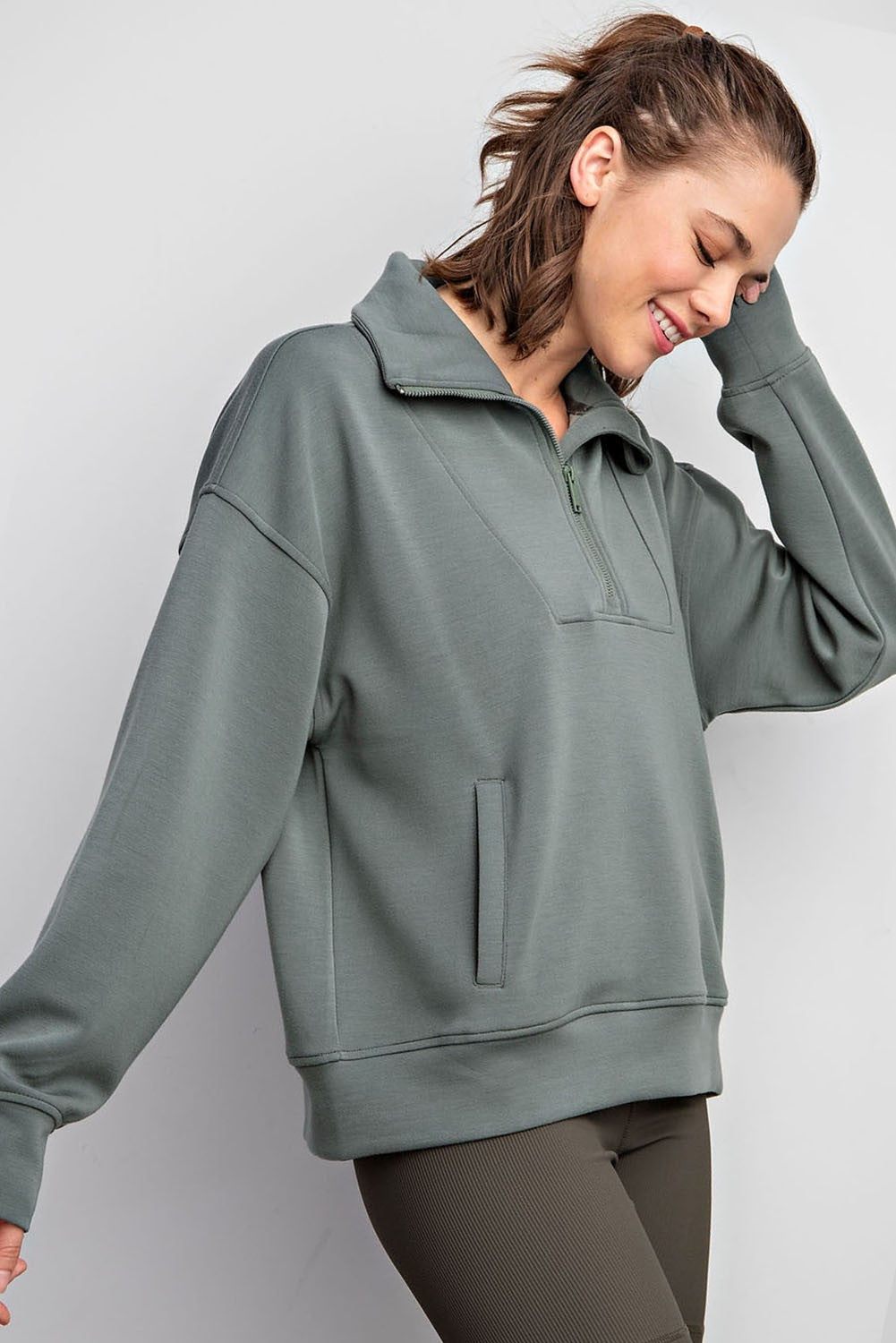 Modal Poly Span Quarter Zip Mock Neck Pullover in Green