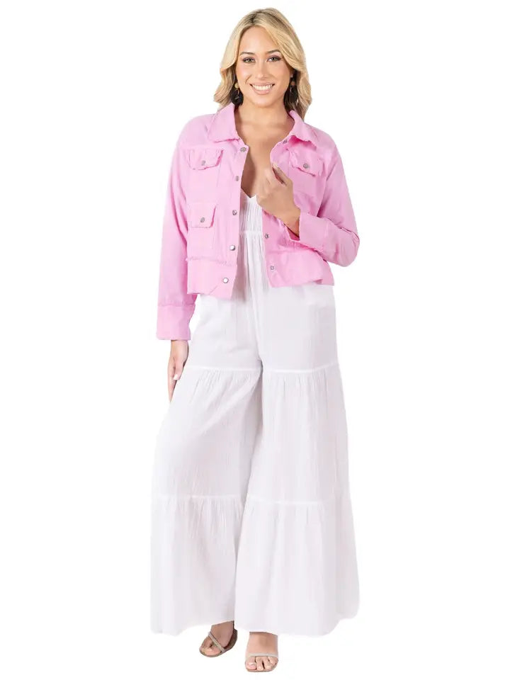 Pink Cropped Utility Jacket with Button Front and Pocket Detail