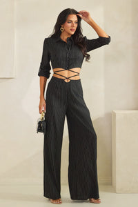 Black Pinstripe Crop Button-Up Top and Wide Leg Pants Set with Wrap Waist Detail