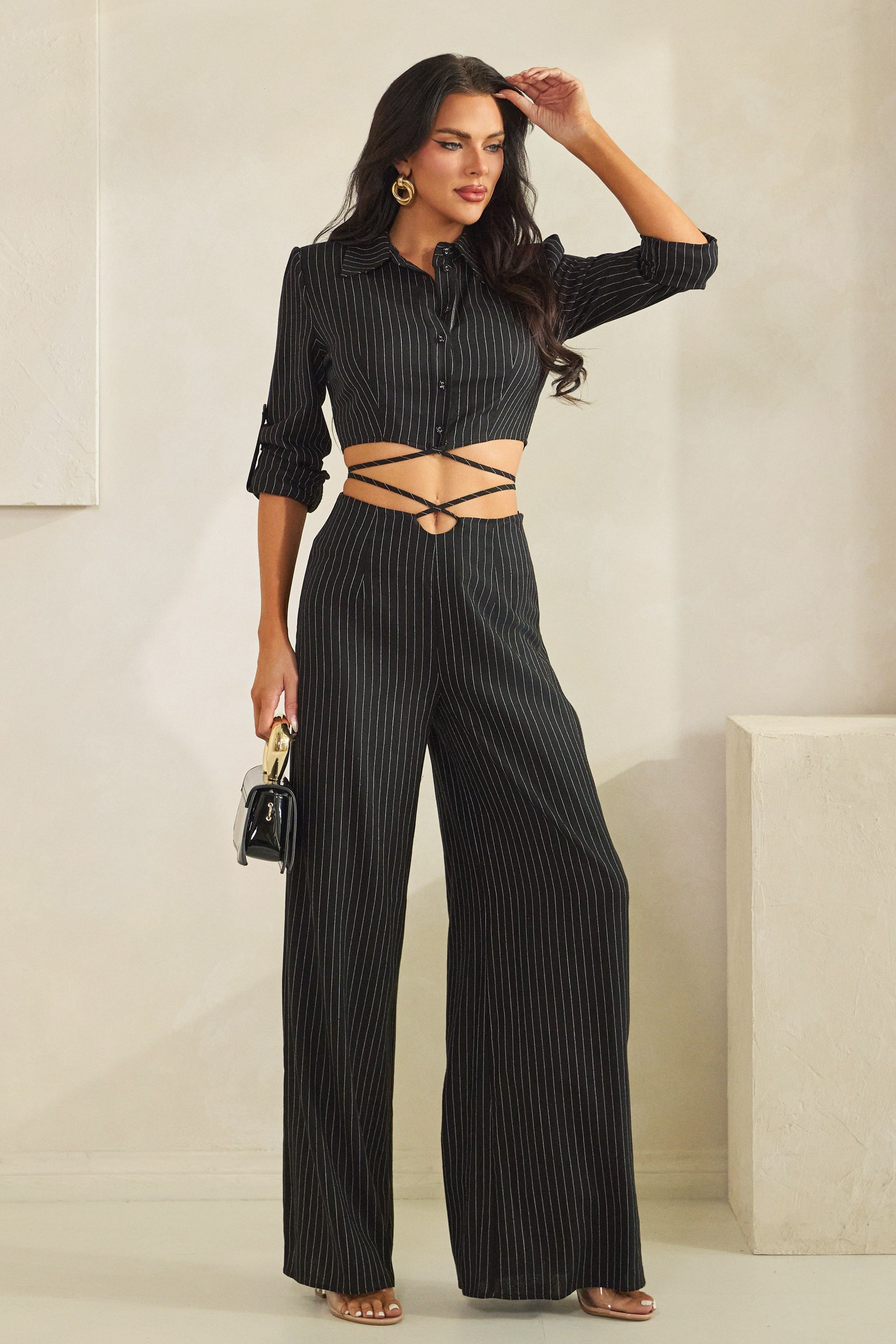 Black Pinstripe Crop Button-Up Top and Wide Leg Pants Set with Wrap Waist Detail
