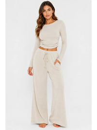 White Ribbed Knit Lounge Set with Ruched Crop Top and Wide Leg Pants
