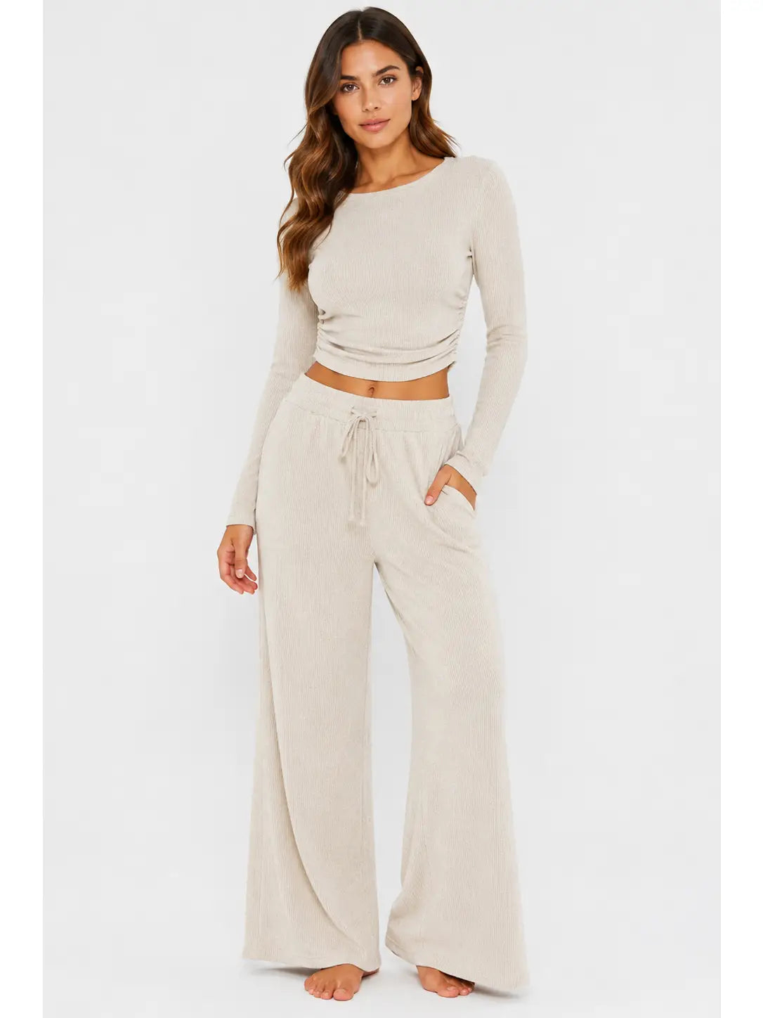White Ribbed Knit Lounge Set with Ruched Crop Top and Wide Leg Pants