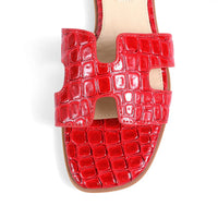 Red Croc Embossed Cutout Strap Flat Slide Sandals