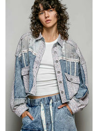 Patchwork Denim Lace Contrast Cropped Jacket with Utility Pockets