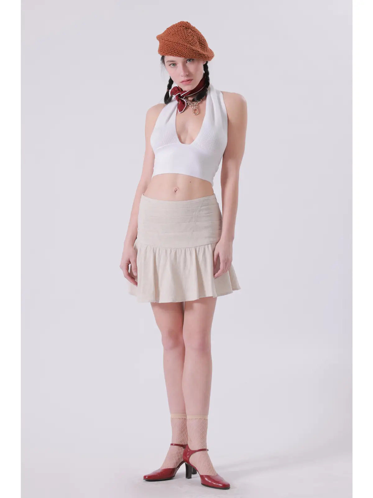 White Ribbed Halter Neck Crop Top with Deep V Neckline